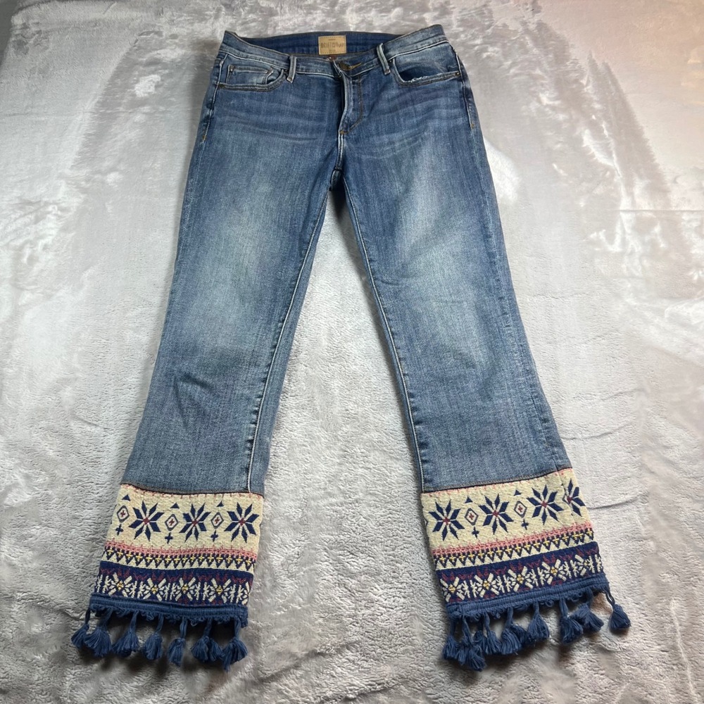 Driftwood Women's 27 Colette Jeans Blue Embroidered Fair Isle Tassel Fringe Hem - Picture 2 of 7